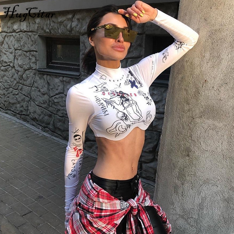 Hugcitar long sleeve print sexy crop tops summer women fashion casual high neck club streetwear slim t shirt Y200412, White
Hugcitar long sleeve print sexy crop tops summer women fashion casual high neck club streetwear slim t shirt Y200412, White