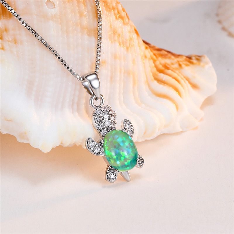 Colorful Gemstone Cute Turtle Pendant Necklace White Gold Plated Jewelry for Women Gift