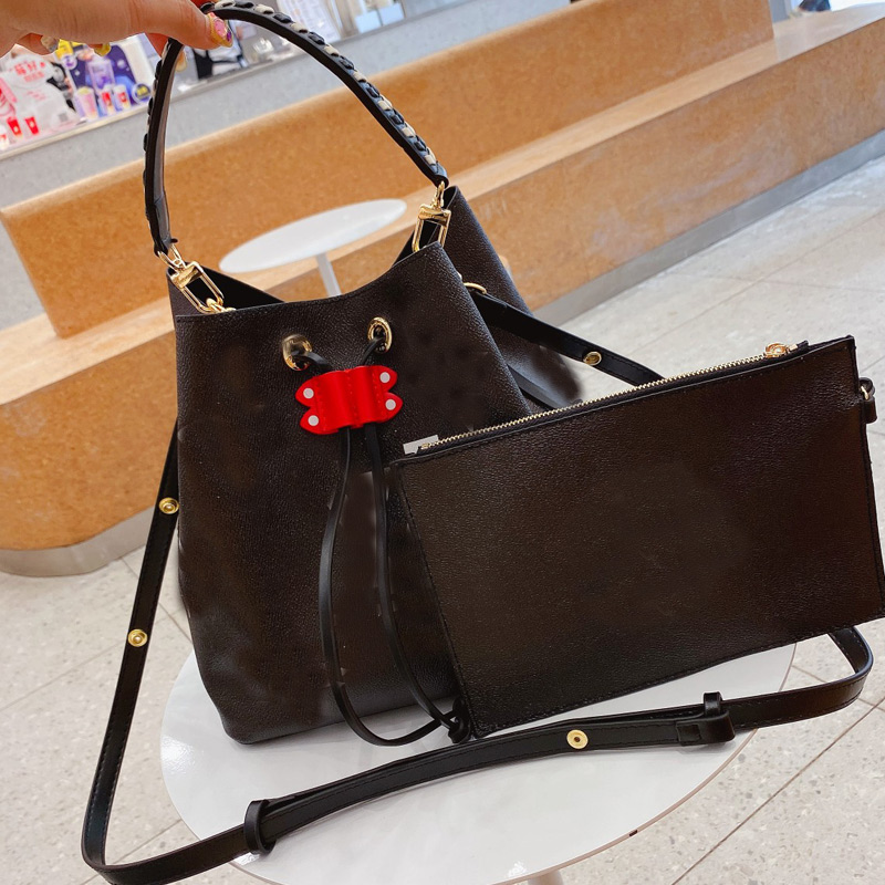 TOP Neonoe Bucket Bag Fashion Handbag Purse Embossed Letter Graind Genuine Leather Shoulder Crossbody Bags Flower Printing Drawstring Handbags Adjusta
