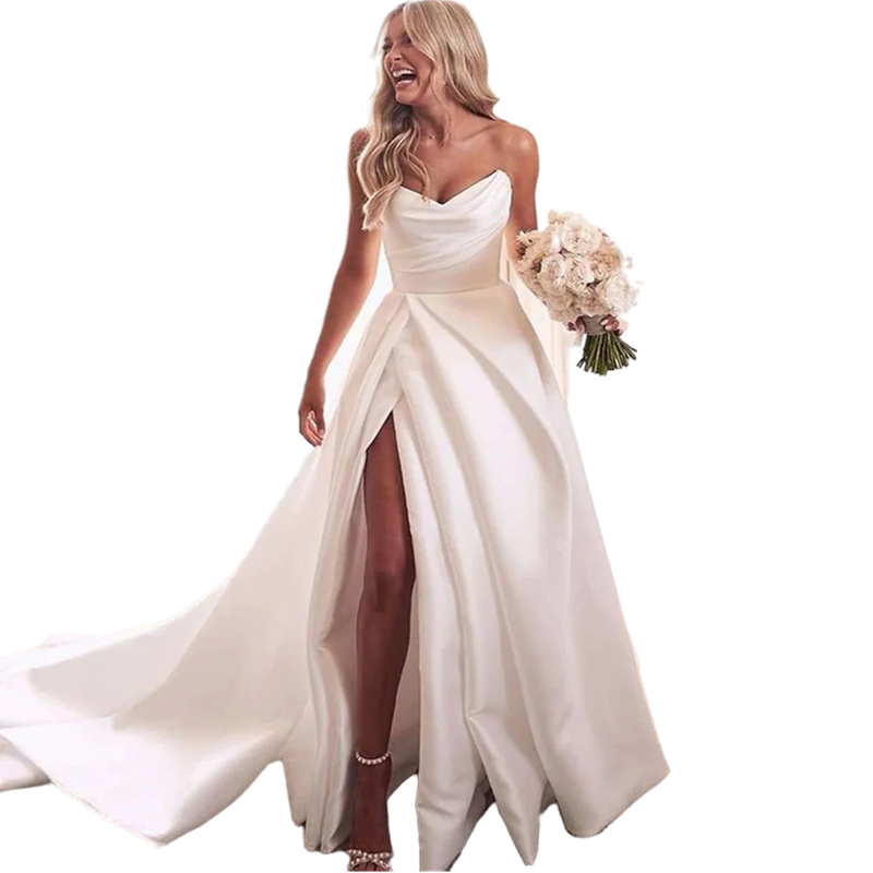 Gorgeous White A Line Satin Wedding Dresses Strapless Bridal Gowns V Neck Pleats High Side Slit Floor Length Garden Bride Dresses Custom Made 2022 Sim