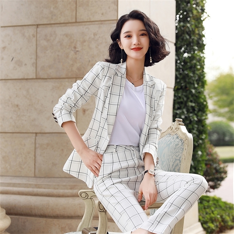 Fashion professional women's suit office pants two-piece New Spring Summer Plaid Women's Blazer Jacket Slim-fit trousers 200923, White pants 
Fashion professional women's suit office pants two-piece New Spring Summer Plaid Women's Blazer Jacket Slim-fit trousers 200923, White pants