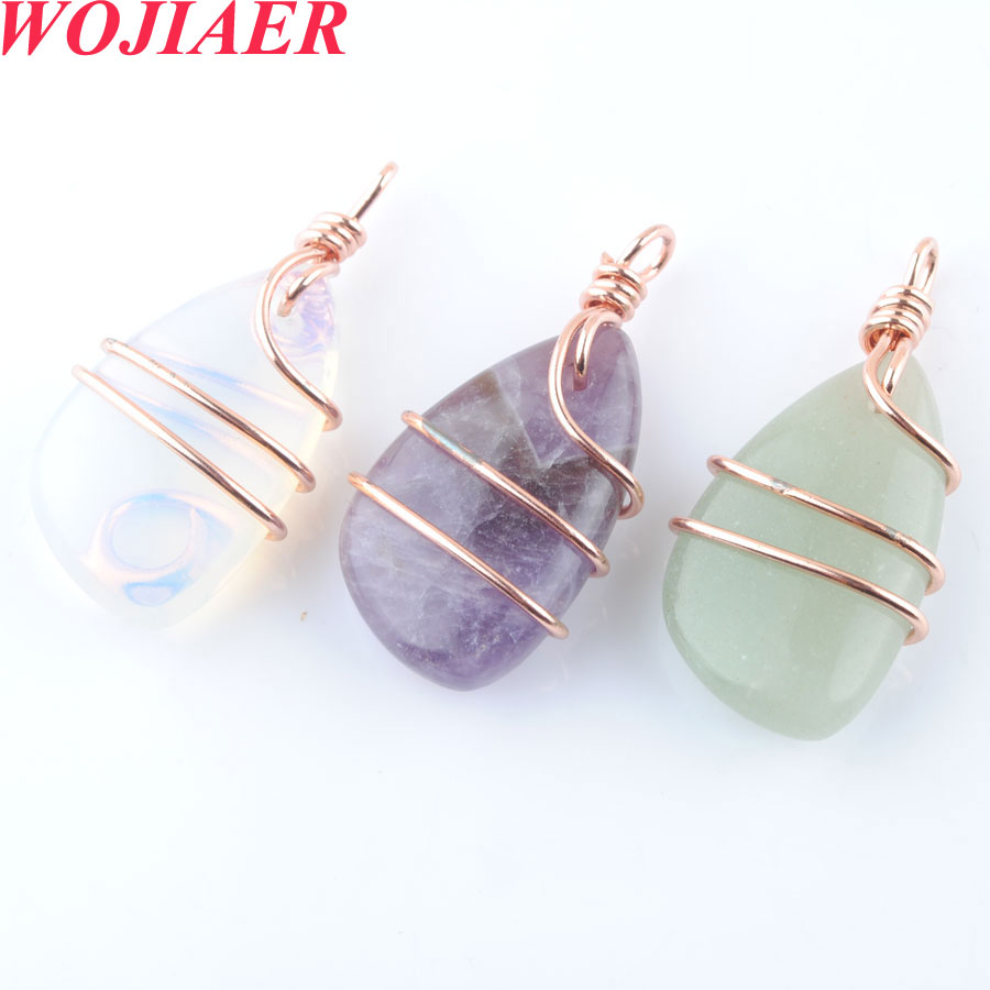WOJIAER Natural Stone Copper Wire Wrap Pendant Irregular Bead Rose Gold Necklace for Women Men Reiki Healing Jewelry Gift DBO915