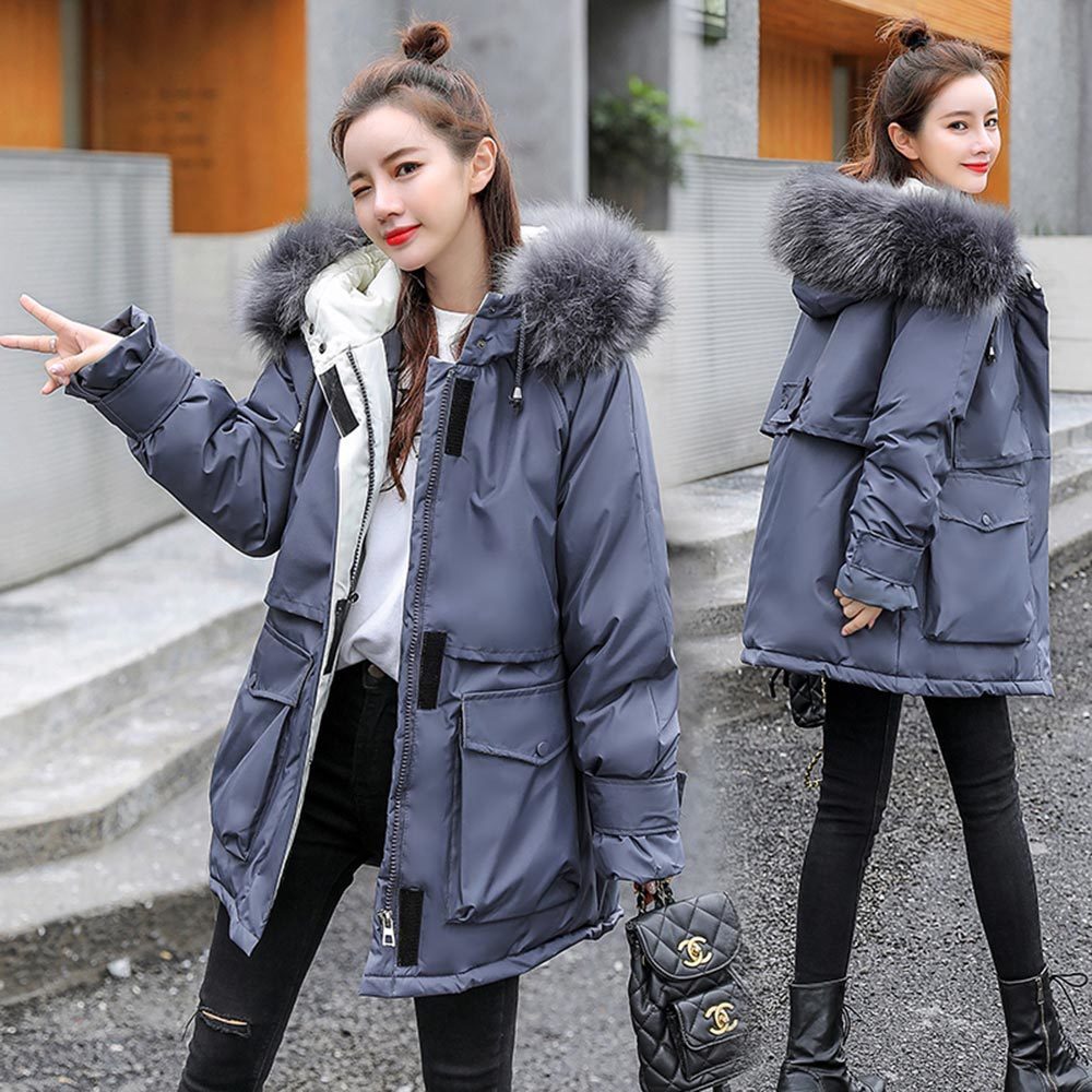 PinkyIsBlack Fashoin Thick Loose Medium Long Winter Jacket Women Casual Big Pockets Hooded Parka Coat Female Fur Collar 201019