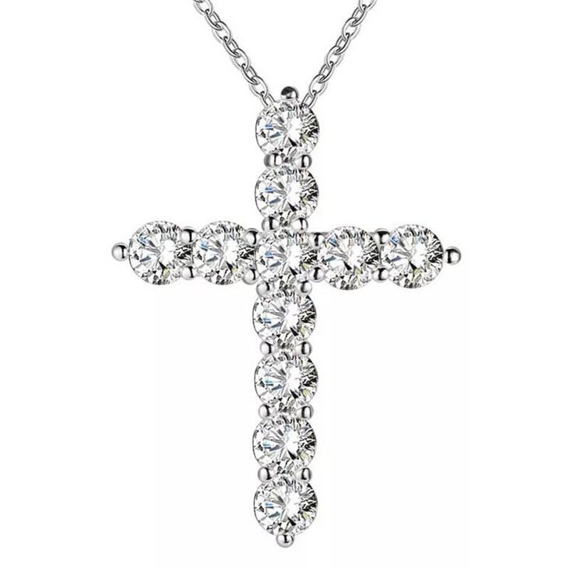 Brand New Jewelry Sterling Sier Full Round Cut White Topaz CZ Dia Cross Pendant Party Popular Women Clavicle Necklace Gift