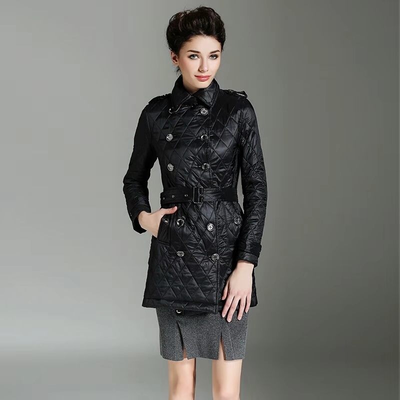 Hot Sale women winter thick coat luxury designer solid cotton padded trench coat vintage british style jacket argyle belt black khaki jacket