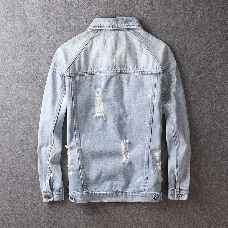 Korean Style Fashion Streetwear Men Jacket Retro Light Blue Ripped Coats Punk Denim Jackets Men Destroyed Hip Hop Jackets Hombre T200502