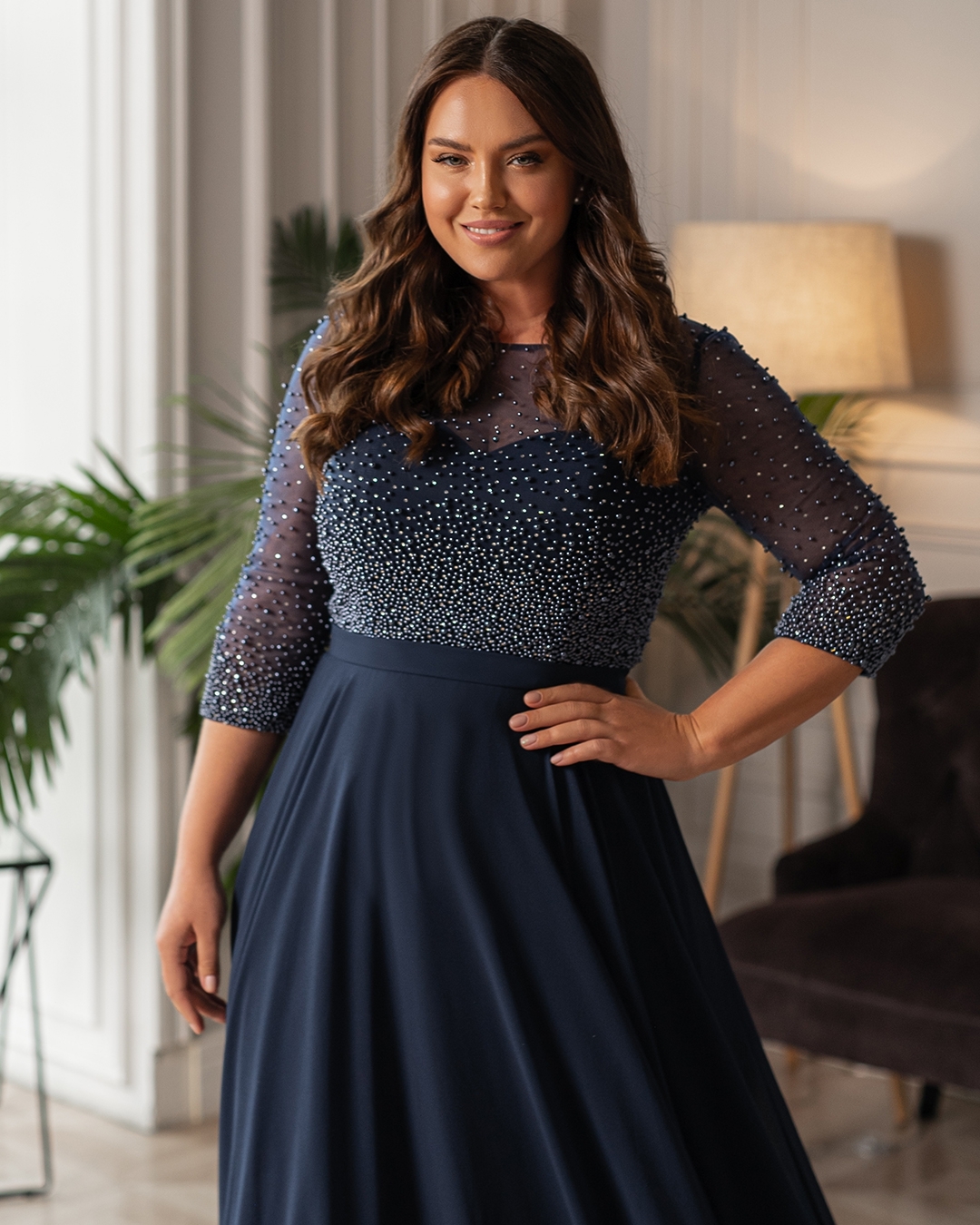 Navy Beaded Plus Size Prom Dresses Bateau Neck A Line Long Sleeves Evening Gowns Floor Length Chiffon Formal Dress
