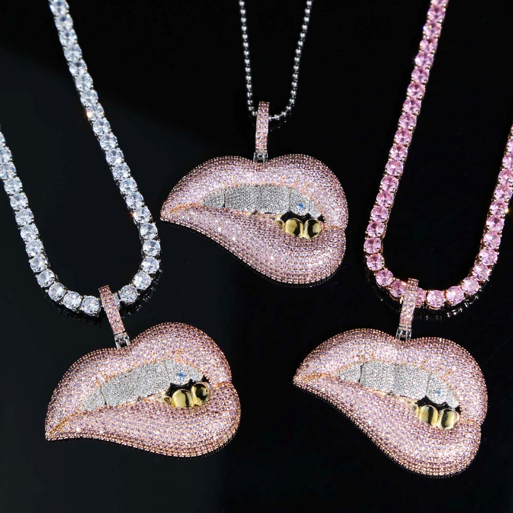 2021 Hiphop Iced Out Bling Clear Pink 5A Cubic Zirconia Big Drip Lip Pendant Necklace for Women Fashion Party Jewelry Wholesale