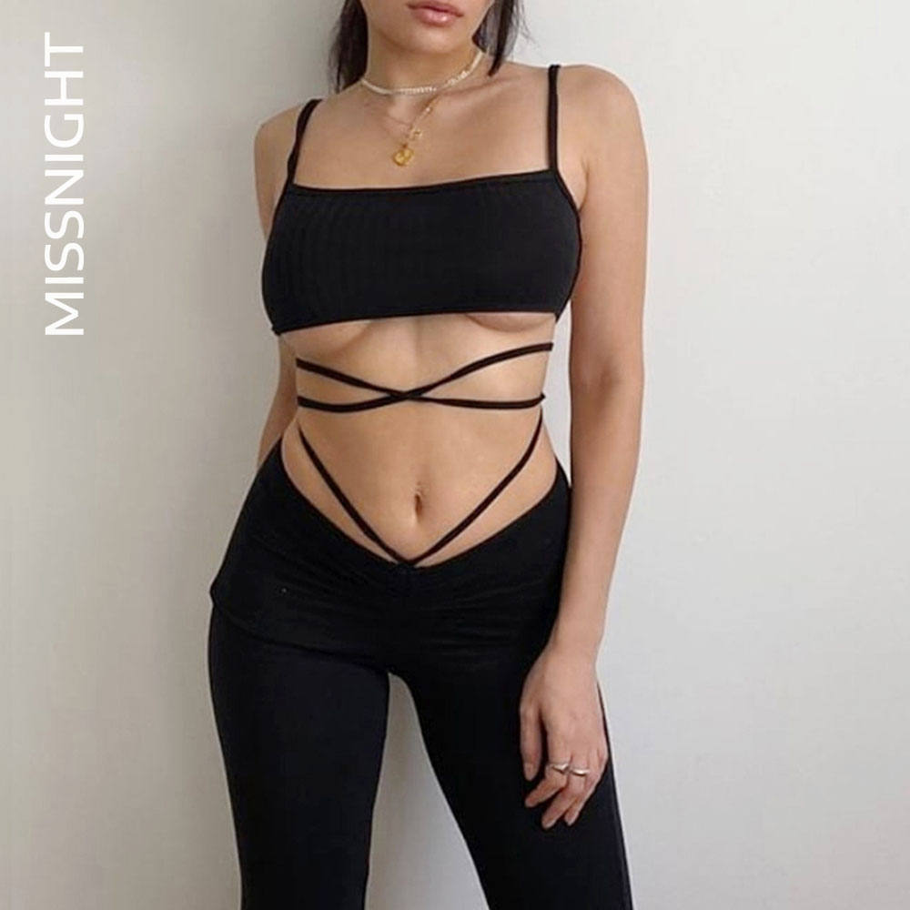 Missnight Celebrity Sexy Bandage Pants Women Lace Up Black Trousers High Waist Wide Leg Straight Pant Clubwear Fall 201228