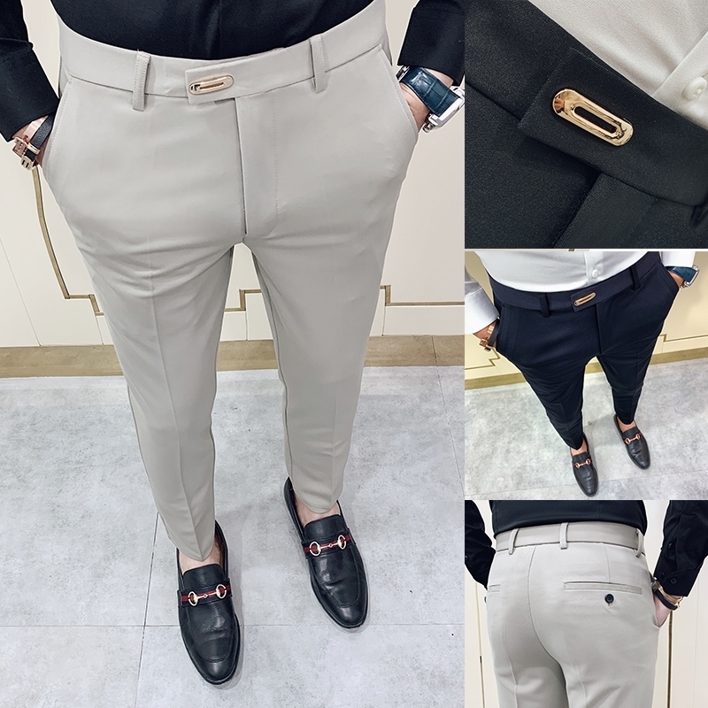 Casual Slim Fit Mens Dress Pants Streetwear Suit Pants Men 34 High Quality Gentlemen Office Trousers Men All Match ankle length 201027