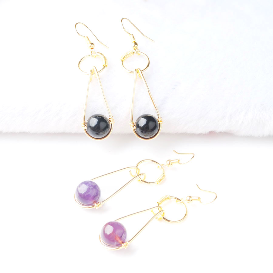 WOJIAER Plated Gold Jewellery for Female Long Earrings Hook Dangle Natural Spectrolite Stone Round Beads Pendant Earring BO953