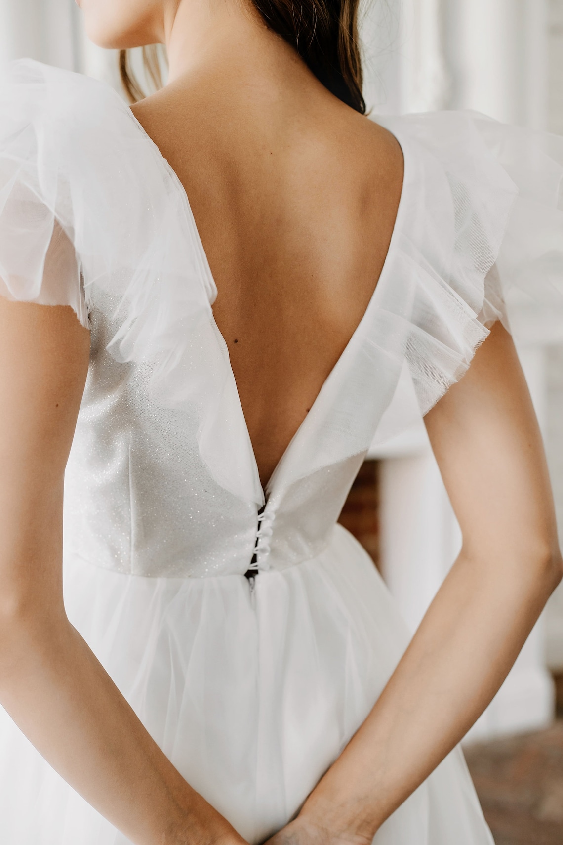 Simple V-Neck Short Tulle Wedding Dress For Bride 2022 Summer A Line Vestidos Sexy Open Back Tea-Length Boho Beach Bridal Gowns