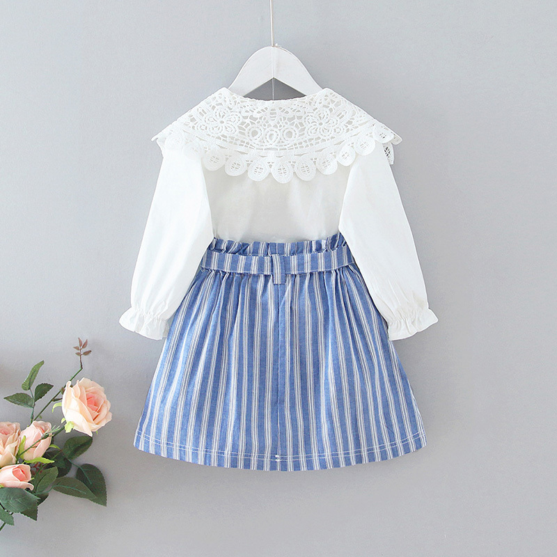 Humor Bear Girls Clothing Sets 2020 Spring And Autumn Baby Fashion Lace Lapel Shirt + Striped Bow Skirt 2pcs Kids SuitX1019