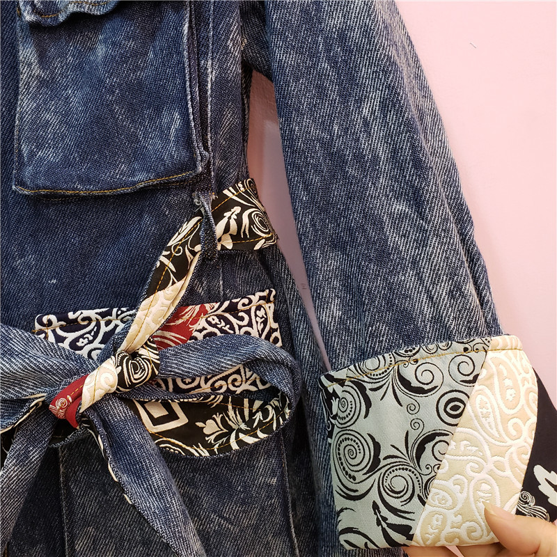 [EWQ] Autumn New Long Sleeve Outerwear Turn-down Collar Streetwear Loose Casual Women Denim Jacket Vintage Print Overcoats 201017