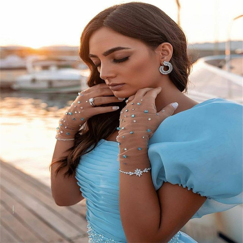 Glitter Sequins Evening Dresses With Detachable Train Ruched Tulle Prom Dress Light Sky Blue Square Neck Elegant Custom Made Robe De Soirée