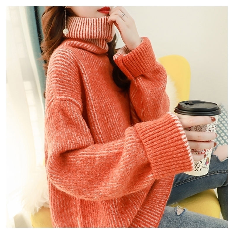 H.SA Women High Turtleneck Green Sweater and Jumpers Long Sleeve Solid Oversized Pullovers Thick Winter Knitwear Korean 201201