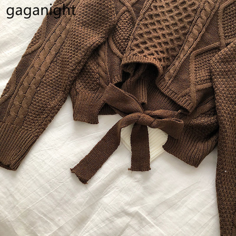 Gaganight Knitted Women Autumn Winter Sweater Cropped Pullover Lace Up Fashion Sweaters Lady Chic Slim Casual Pull Femme Casual 201017