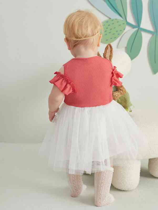Baby Frill Trim Cold Shoulder Color Block Mesh Overlay Dress SHE