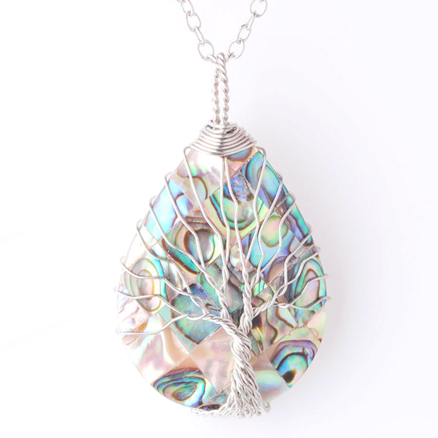 WOJIAER Tree of Life Wire Wrap Water Drop Bead Necklace Pendant Natural Abalone Shell Jewelry Chain 18 Inches BW919