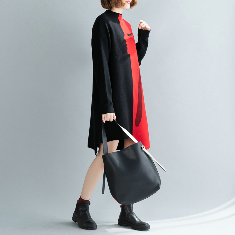 Plus Size Knitted Vintage Women Dress Turtleneck Long Sleeve Oversized Loose Casual Vestidos Autumn Winter Sweater Dresses 200928