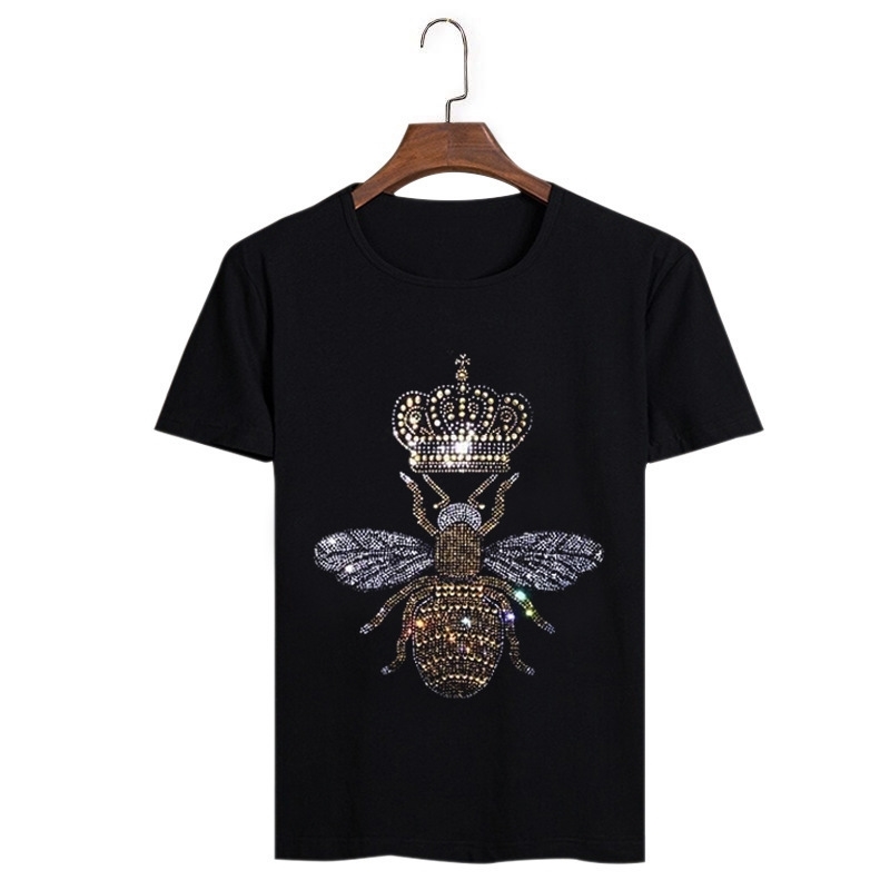 2020 Summer Men Black T-shirt Hip Hop Man Crown Bee Skull diamond T Shirts Fashion rhinestone Man T-shirt LJ200827