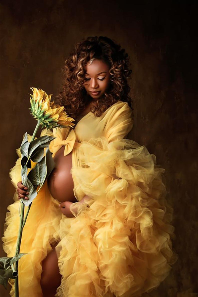 Ruffles Night Robe Yellow Maternity Dress for Photoshoot or Babyshower Photo Shoot Lady Sleepwear Bathrobe Sheer Nightgown
