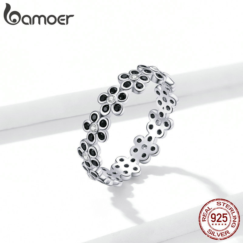 Genuine 925 Sterling Silver Ring Double Circle Black Clear CZ Stackable Finger Ring for Women Fine Silver Jewelry Gift SCR082 201110