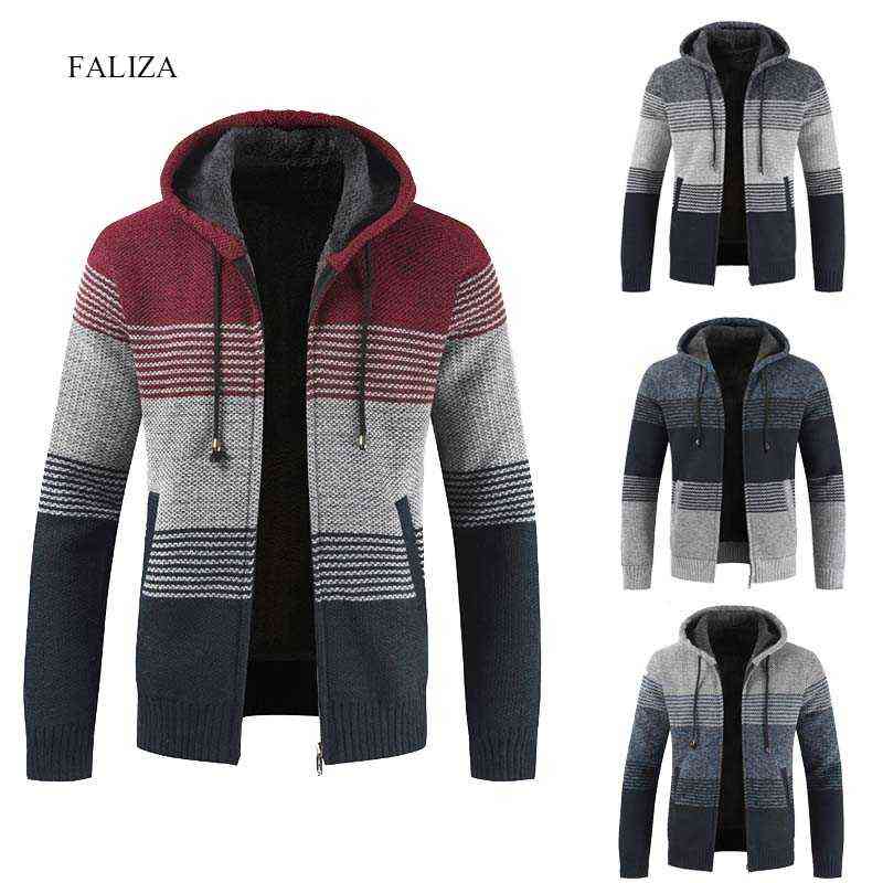 FALIZA Men's Sweater Coat Autumn Winter Thick Warm Hooded Stripe Wool Sweaters Cardigan Jumpers Zipper Fleece Coat Men XY103 220108