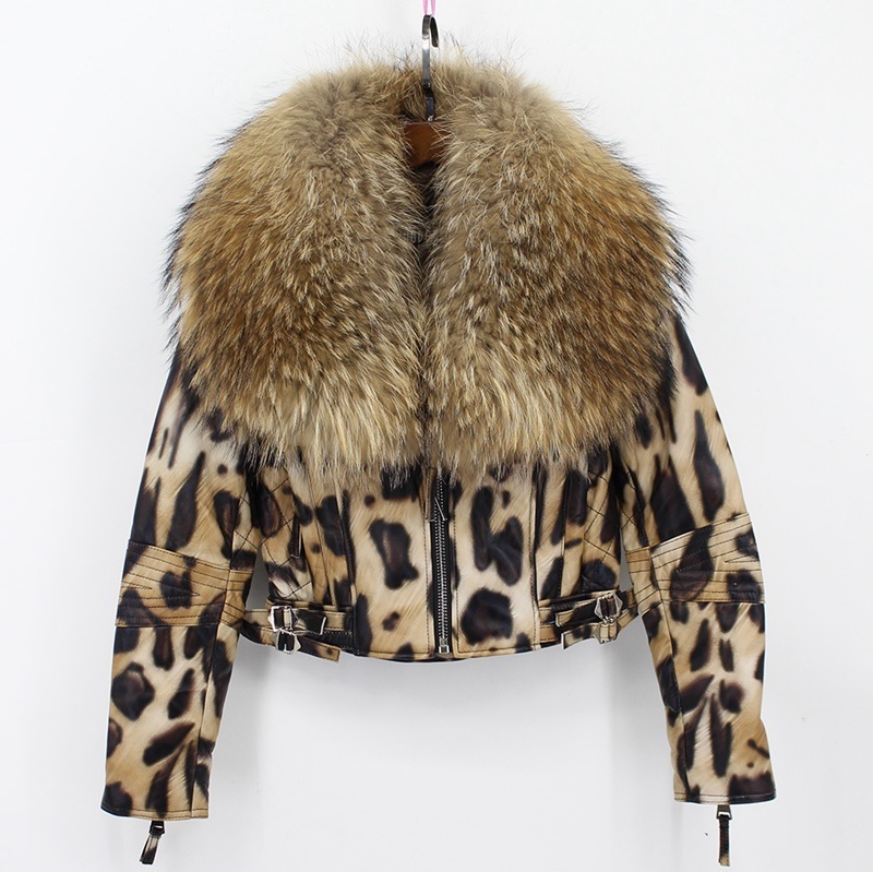 natural sheep leather jacket big fur collar leopard color new fashion high quality 100% genuine sheepskin wintershort coats 201103