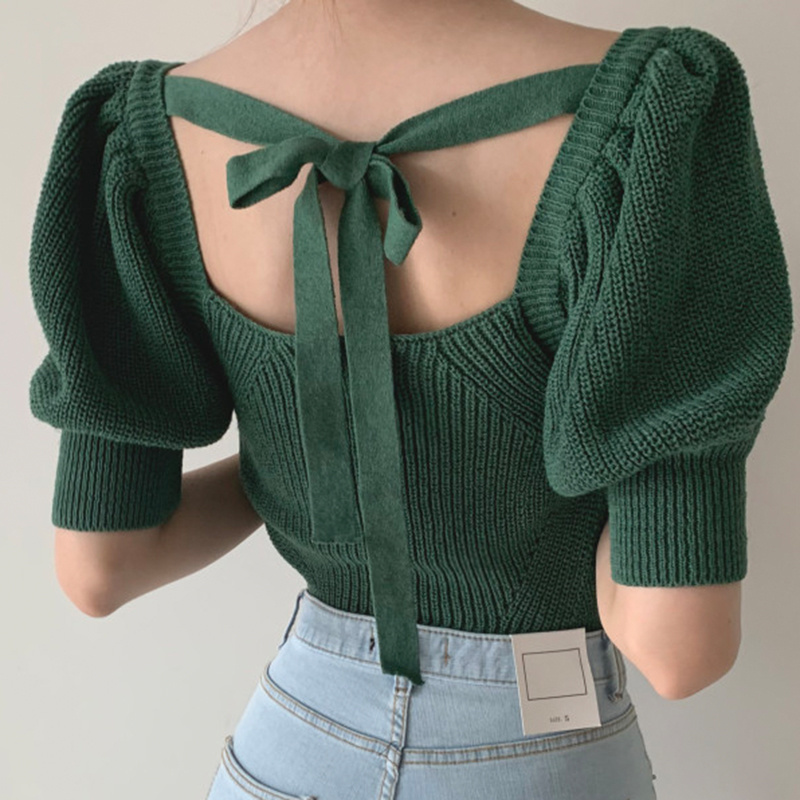 Gagarich Knitted Tops Women Fashion Korean Chic Elegant Short Sweater Square Collar Hollow Backless Strap Solid Ladies Sweaters 201111wtt