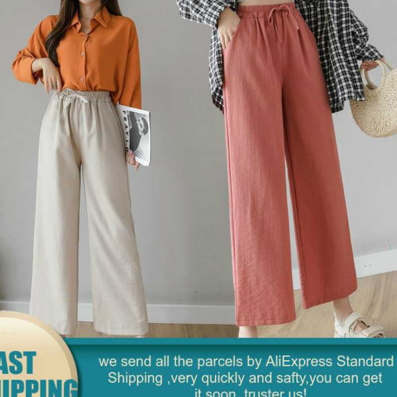 Casual Cotton Linen Pants Women Spring High Waist Wide Leg Pants Summer Office Band Palazzo Trousers Female Black Loose Pants 201031