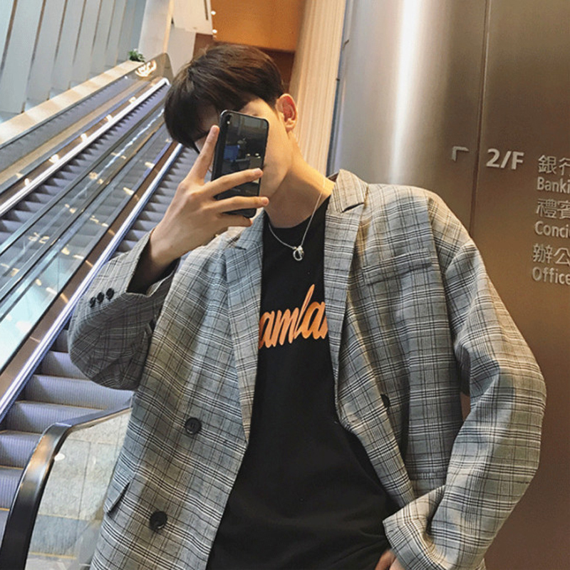 Spring England Style Young Fashion Double Breasted Plaid Blazer Men Oversize Casual Suit 201104
