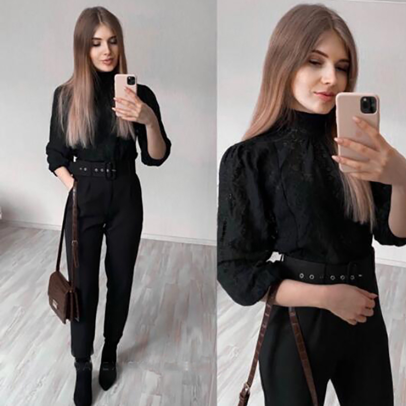 2020 Spring Korean Blouse Women White Lace Turtleneck Lantern Sleeve Shirt Hollow Out Vinatge Elegant Ladies Tops T200321