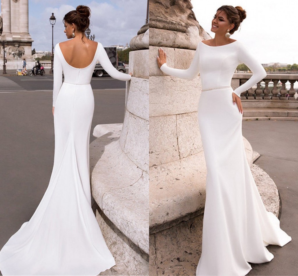 New Soft Satin Mermaid Butons Wedding Dresses Long Sleeve Elegant Backless Bride Dress Wedding Gowns 2021 Vestido De Noiva