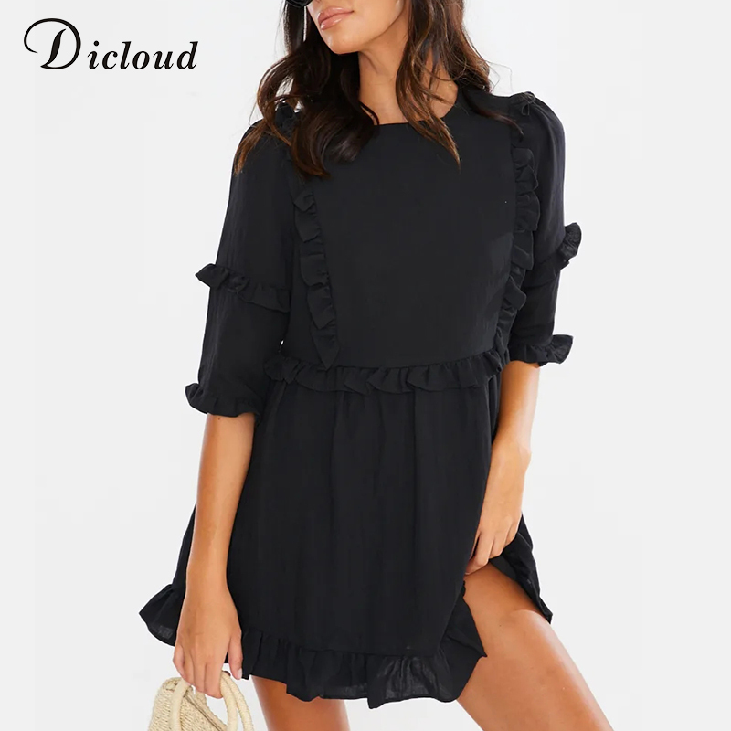 DICLOUD Casual Women White Mini Ruffle Summer Dress Women Short Sleeve Black Solid Loose Dress Beach Tunic Ladies Clothing T200319
