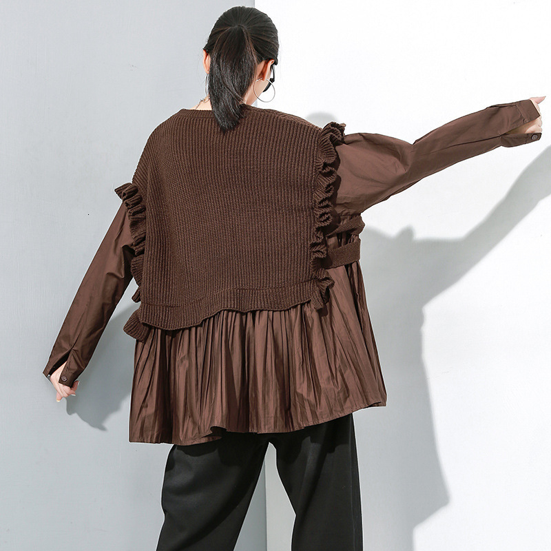 LANMREM New Stitching Sets Of Ruffled T-shirt Personality Large Size Round Neck Long-sleeved Bat Shirt Women PC056 201028