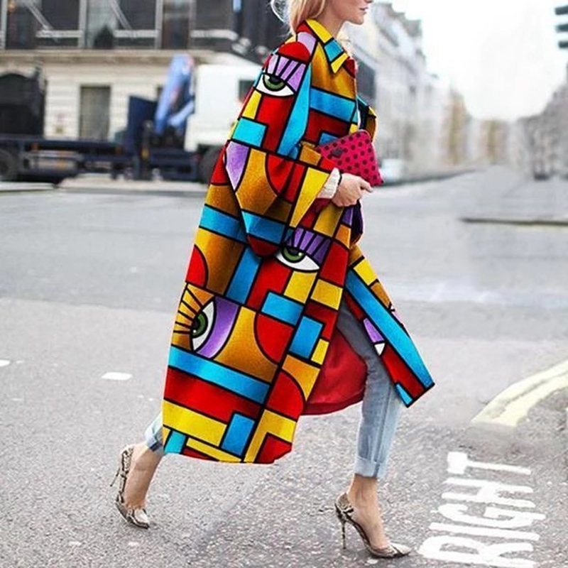 Women Winter Coat Long Length Flared Sleeve Printed Loose Windbreaker Straight Type Lapel Women Coat 201211