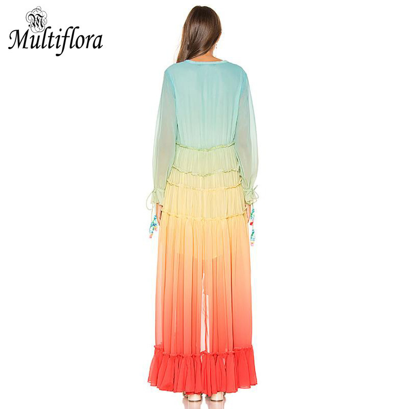 Ladies Summer Casual Boho Maxi Dress Women Gradient Rainbow Ruffles Pleated Beach Irregular Dress Mesh Chiffon Sundress XXL T200604
