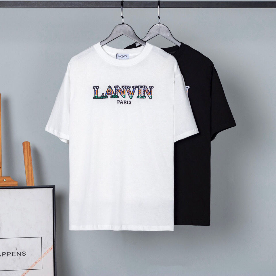 designer t shirt Cotton Colorful Embroidery Men and Women Couples lanvi Round Neck Short Sleeve Loose T-Shirt, Black 
designer t shirt Cotton Colorful Embroidery Men and Women Couples lanvi Round Neck Short Sleeve Loose T-Shirt, Black