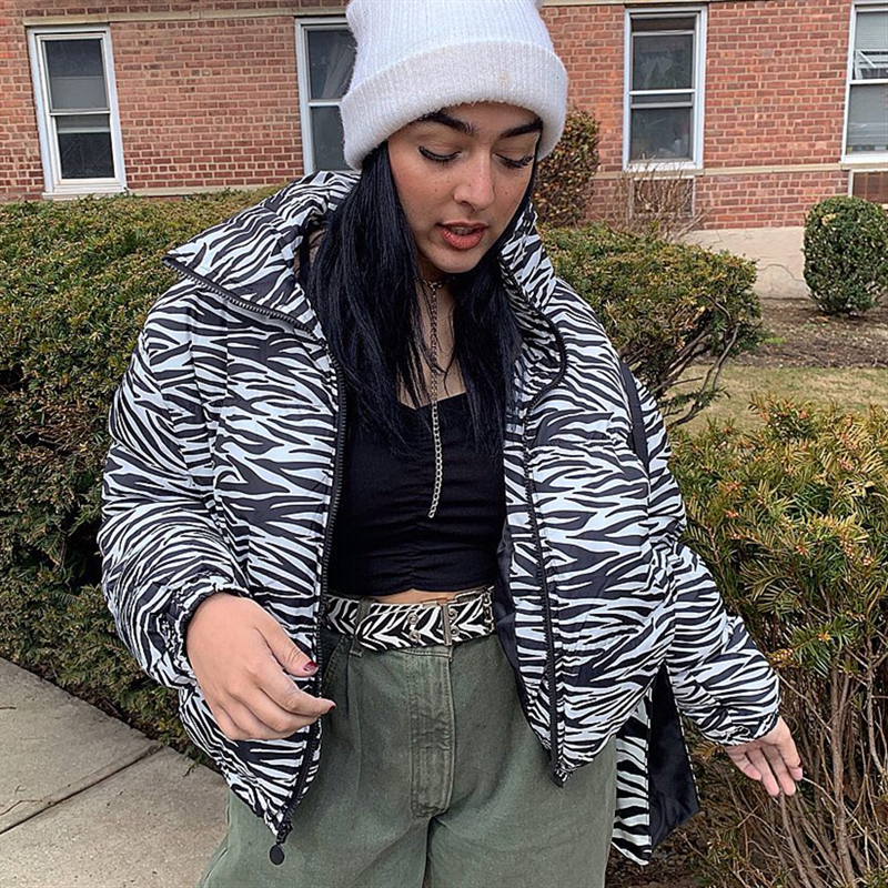 HEYounGIRL Zebra Animal Print Warm Ladies Winter Jackets Harajuku Casual Puffer Bubble Coat Long Sleeve Women Parka Streetwear Y201006