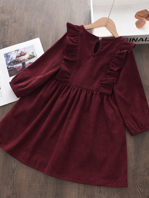Toddler Girls Ruffle Trim Corduroy Smock Dress SHE