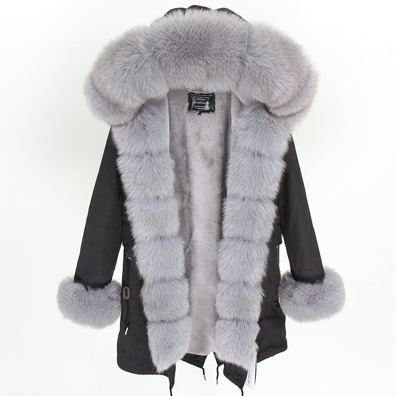 Maomaokong Winter Women Natural fox coats Real Fur Long Black Jacket Cotton thick warm parkas Faux fur lining 201112