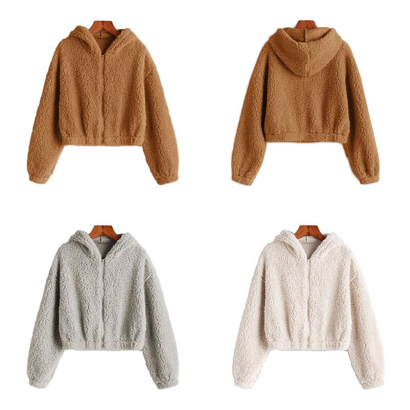 Women's Jackets Fleece Zip Up Teddy Bear Fur Coat Jacket Hoodies Crop Fashion Women Fluffy Hooded Winter Warm