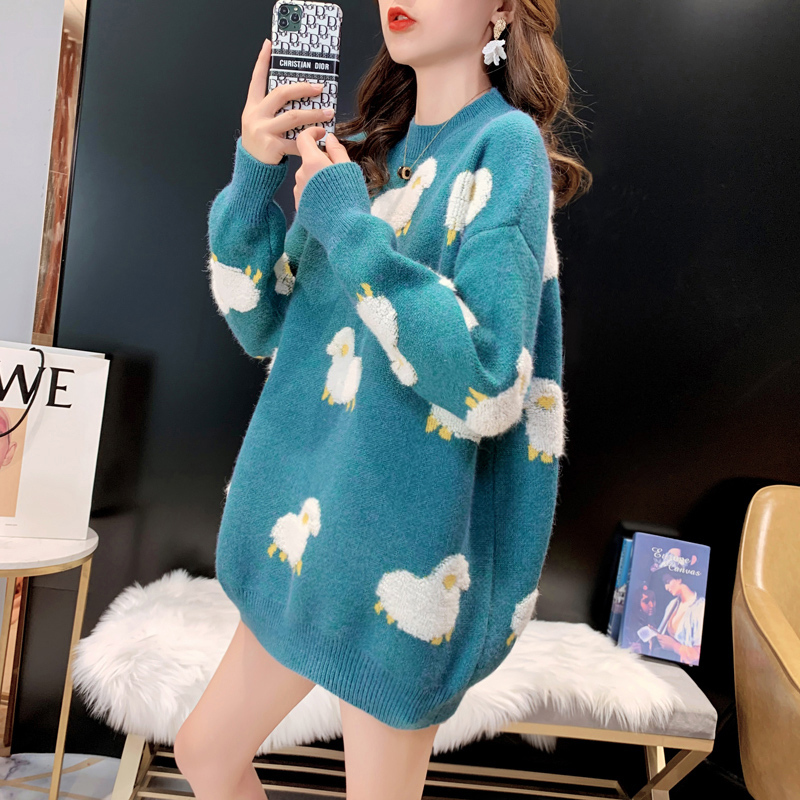 AZYT Cartoon Sheep Print Pullover Sweater Women O Neck Loose Knit Women's Jumpers Autumn Winter Fashion Knitwear Coat 201130