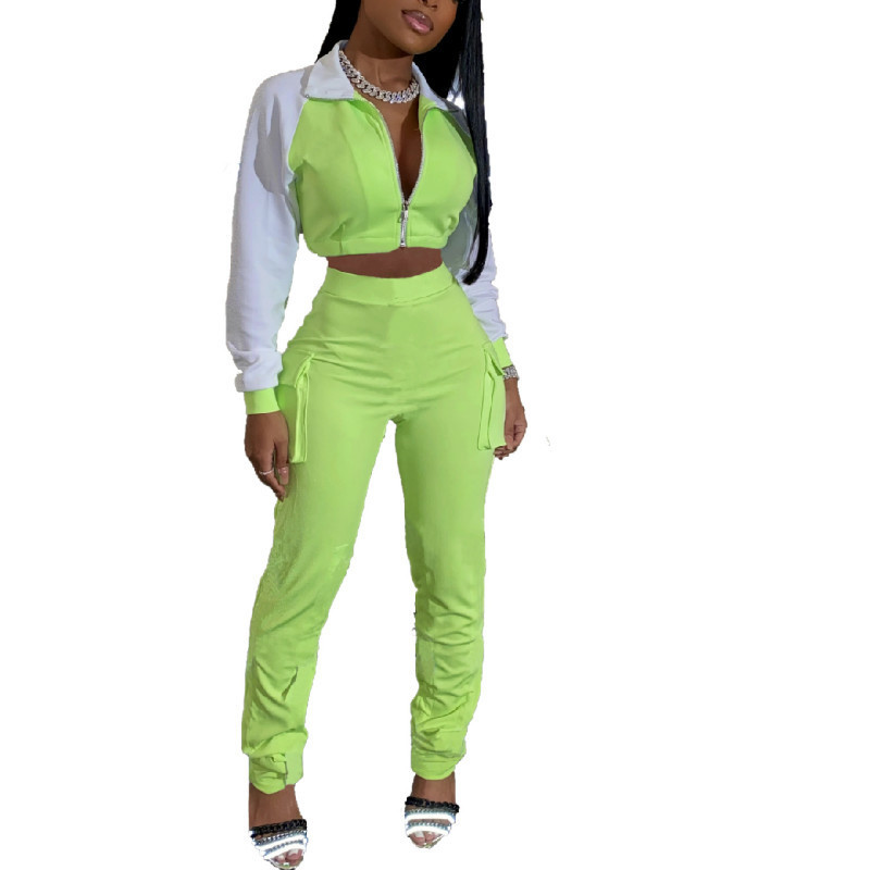HAOOHU Sexy Reflective Two Piece Set Jumpsuit Long Sleeve Zip Crop Top+Pocket Stacked Leggings Fall Clothes for Women Tracksuit 201007