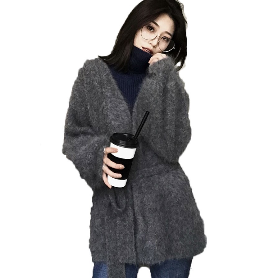 100% Genuine Mink Cashmere Sweater Women Cardigan With Belt Knitted Big Lantern Sleeve Free Shipping JN566 200929