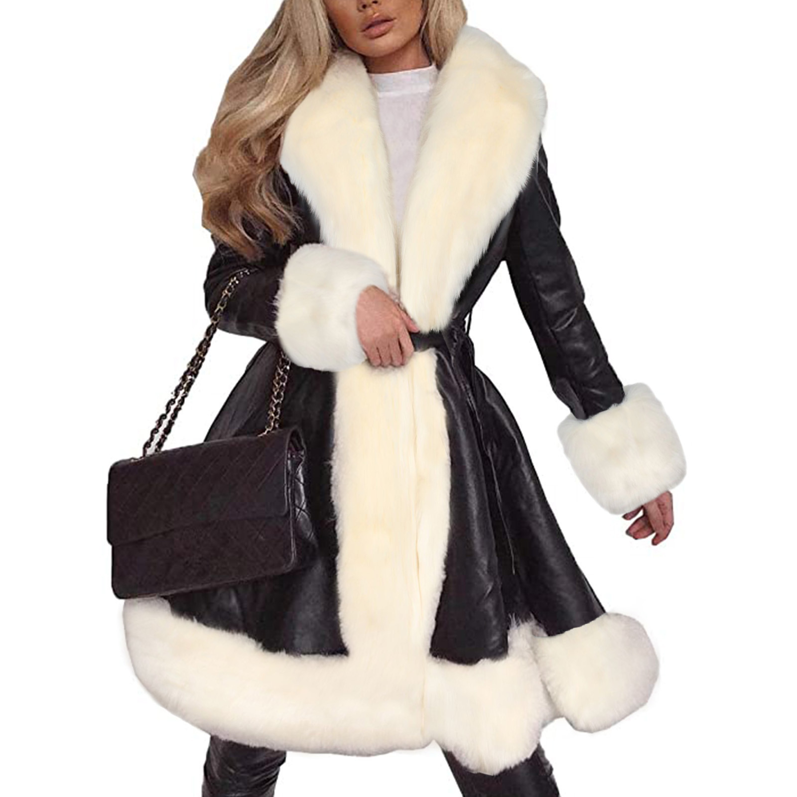 Winter Jacket Women Plus Size 3XL Big Faux Fur Collar Slim Long Parka Mujer Long Leather Overcoat Casual Black Coat 201030