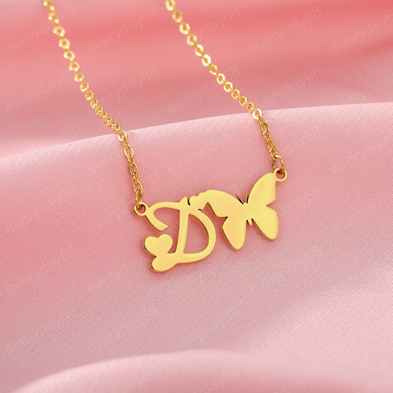 Initial Letters Butterfly Necklace for Women Stainless Steel A-Z Letter Choker Butterfly Pendant Necklaces Birthday Statement Jewelry Gift