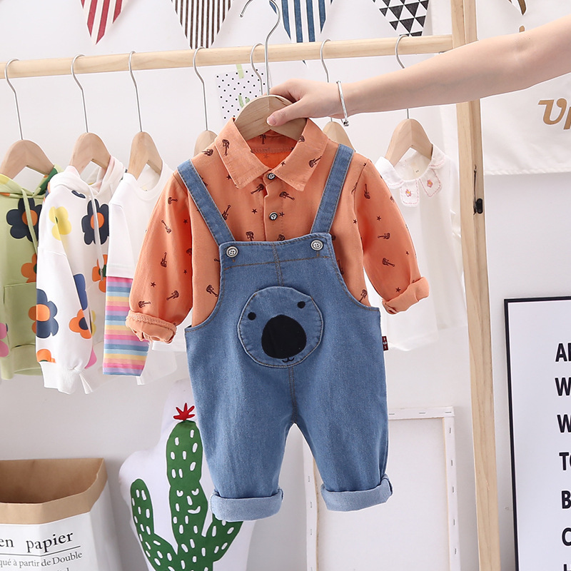 Medium-small tb Treasure 0-4 Years Old Autumn Clothing New Style BOY'S Versatile Long-sleeved Shirt Casual Cowboy Suspender PantX1019