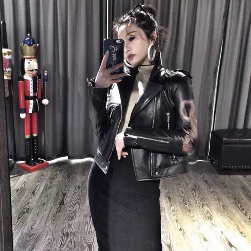 Women Genuine Leather Fashion Winter Lady Bomber Motorcycle Real Sheepskin Jackets Zippers High Quality Printed Leather 201030